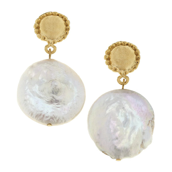 Susan Shaw Large Coin Pearl Drop Earrings Gold