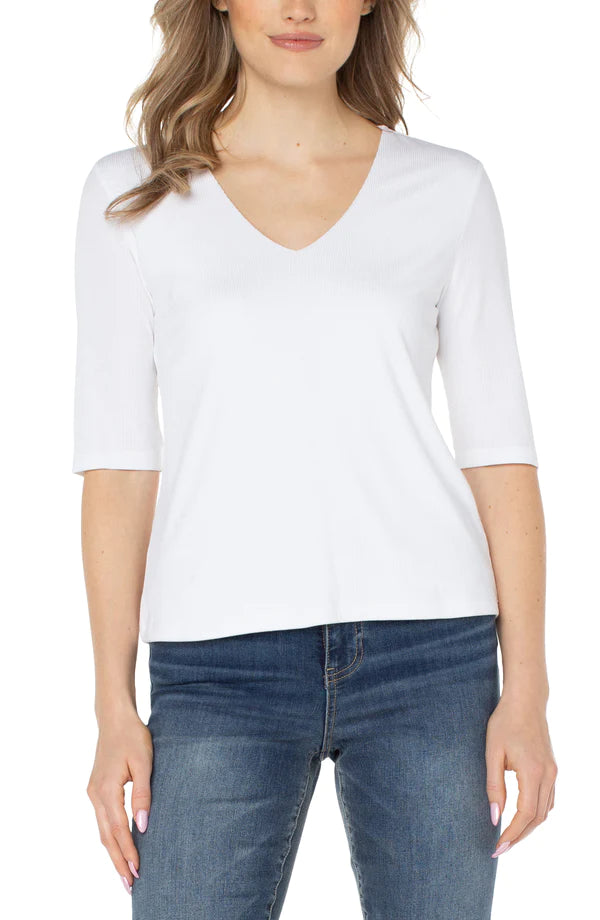 Liverpool Double Layer V-Neck Rib Knit Top Cream