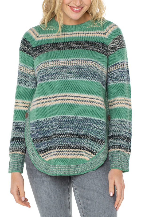 Liverpool Curved Hem Striped Raglan Sweater Emerald