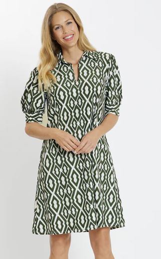 Jude Connally Emerson Dress Moroccan Trellis Loden Cream