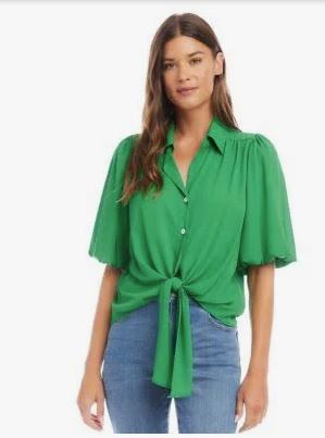 Karen Kane Puff Sleeve Tie Front Top Green