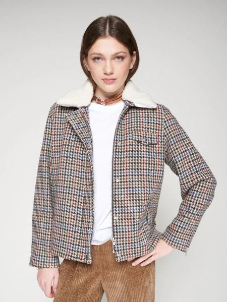 Vilagallo Houndstooth Jacket with Sherpa Collar