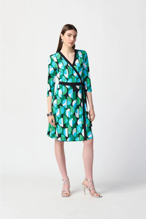 Joseph Ribkoff Black/Multi Geometric Print Wrap Dress Style 241211 Black Multi