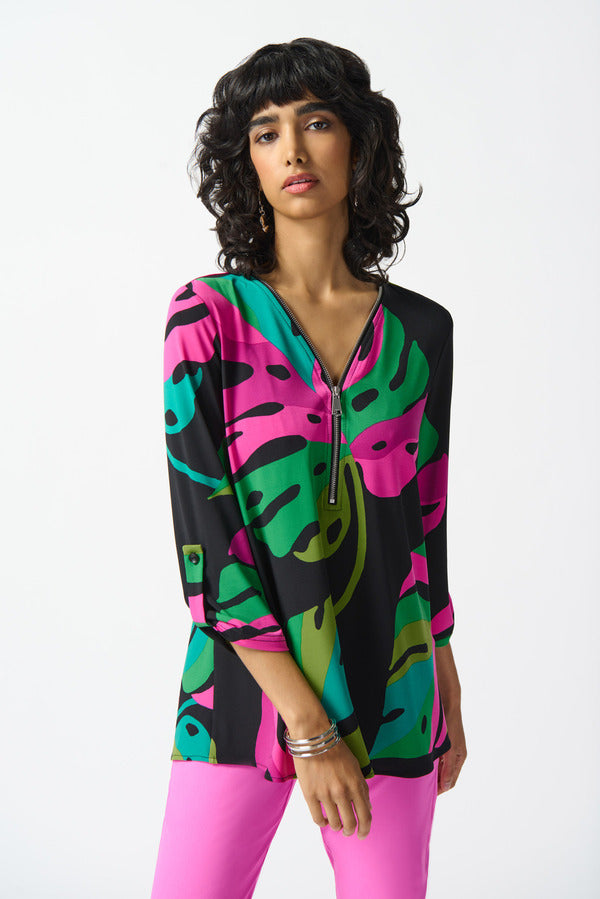 Joseph Ribkoff Zipper Detail Palm Print Top Style 242232 Black Multi