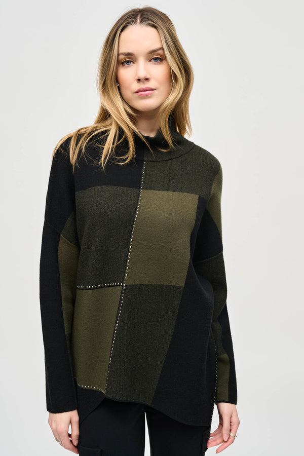 Joseph Ribkoff Color-block Jacquard Knit Pullover Style 243944 Iguana/Black
