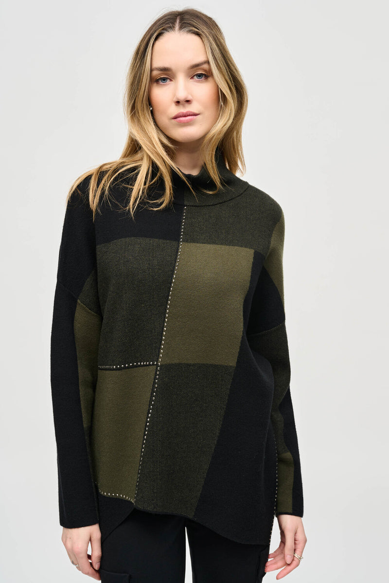 Joseph Ribkoff Color-block Jacquard Knit Pullover Style 243944 Iguana/Black