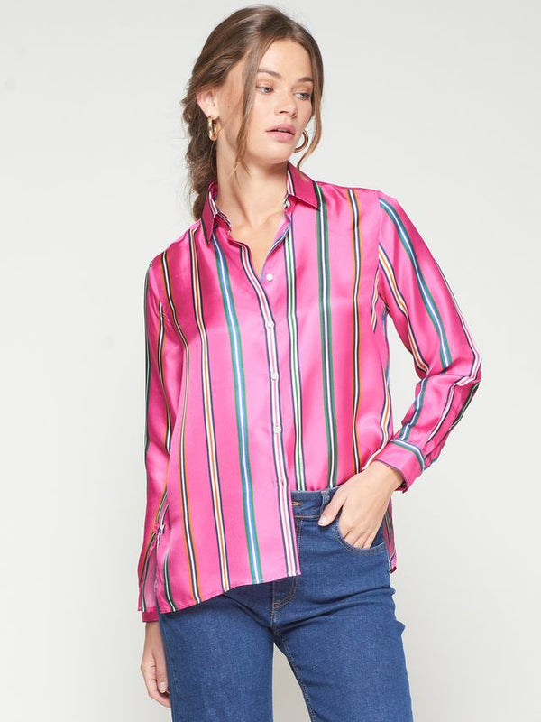 Vilagallo Silk Stripe Shirt Rosa Seda Print