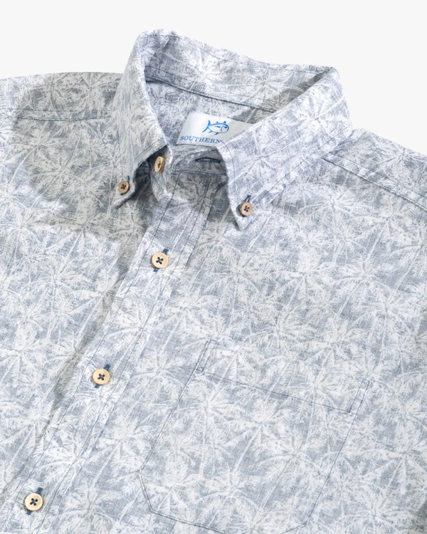 Southern Tide Linen Rayon Keep Palm and Carry On Print Sport Shirt in Aged Denim
