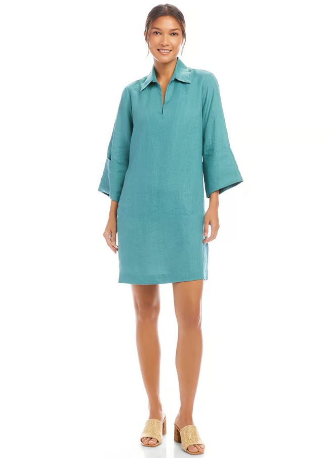 Karen Kane Cuff Sleeve Linen Dress Aqua