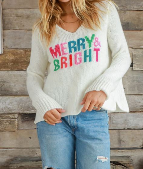 Wooden Ships Merry & Bright V-Neck Sweater Pure Snow