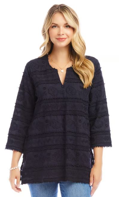 Karen Kane 3/4 Sleeve Embroidered Tunic Navy