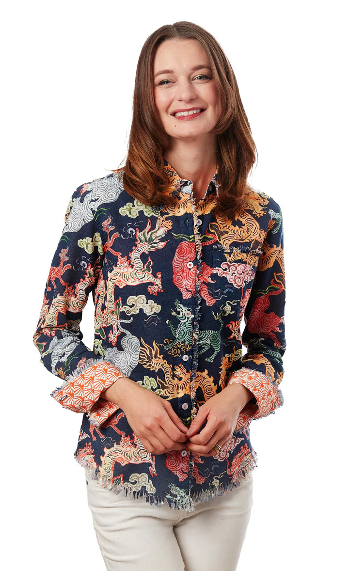 Dizzy Lizzy Cape Cod Tunic Navy Chinese Dragons