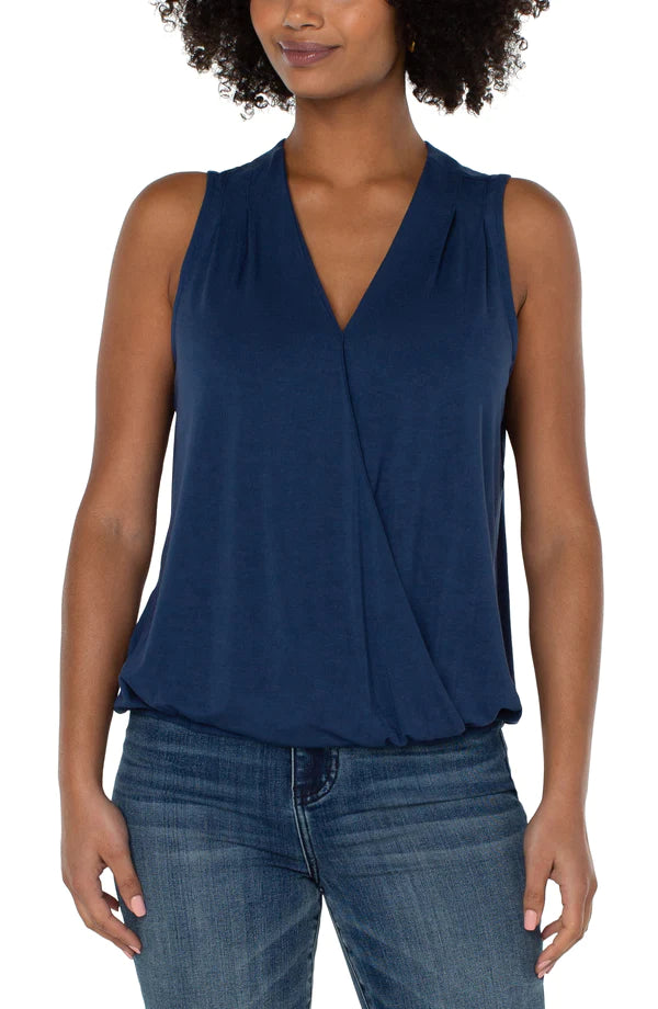 Liverpool Sleeveless V-Neck Drape Front Knit Top Night Sky Blue