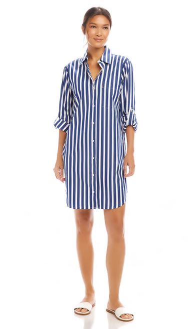 Karen Kane Roll Tab Stripe Shirtdress Navy/White