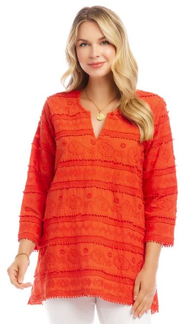 Karen Kane 3/4 Sleeve Embroidered Tunic Orange