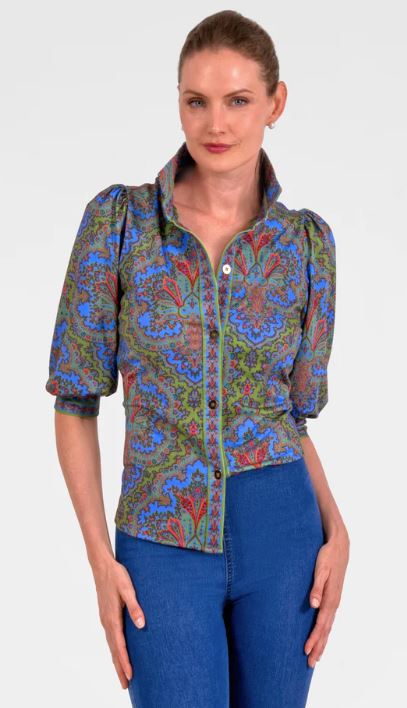 Gretchen Scott Puff Sleeve Top - Passion Paisley Olive