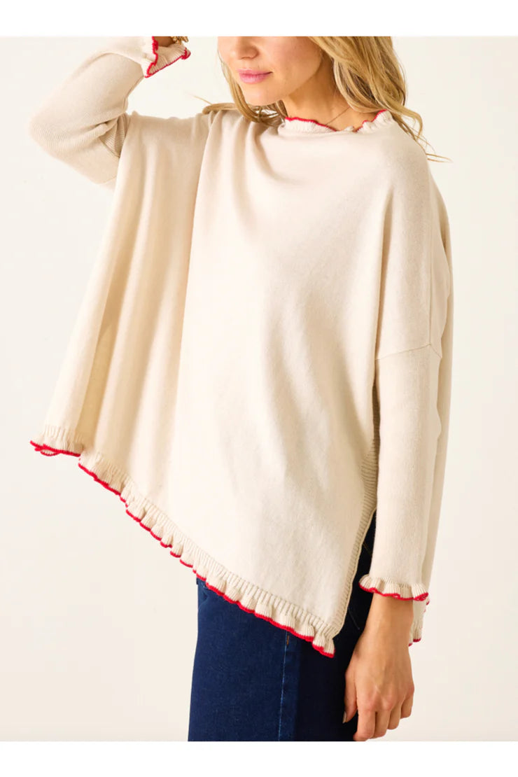 Mersea Catalina Cotton Ruffle Sweater Warm Cream/Ribbon Red
