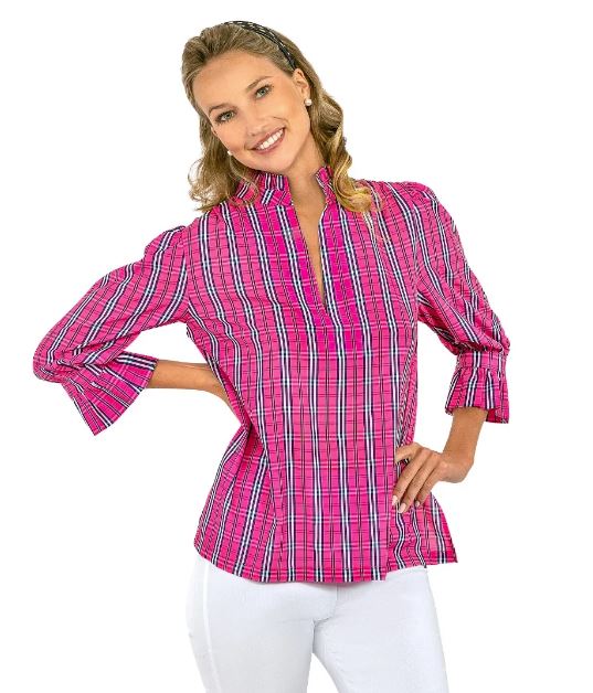 Gretchen Scott Ruffneck Tunic Sunshine Plaid Pink