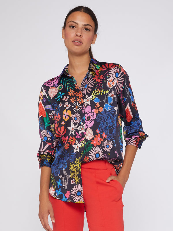 Vilagallo Gaby Hand Painted Flowers Shirt Navy