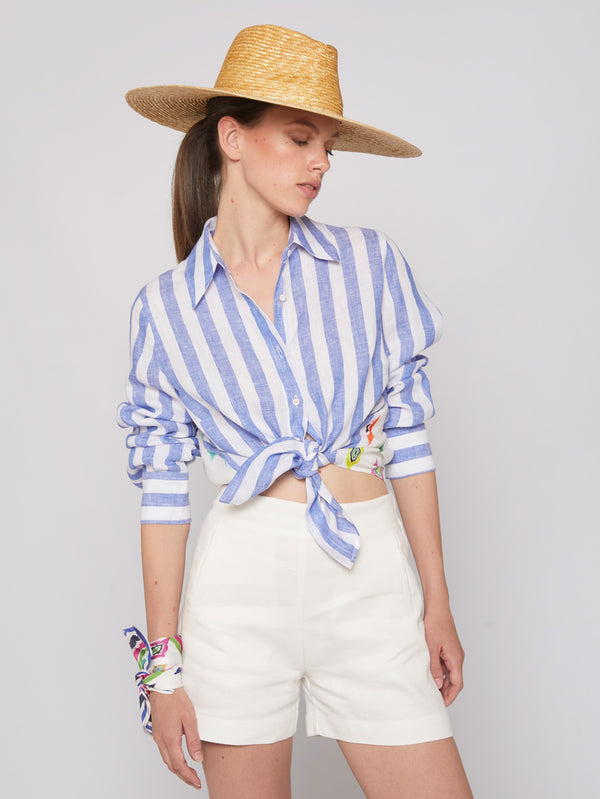 Vilagallo Mafalda Pure Linen Stripe Navy Blouse