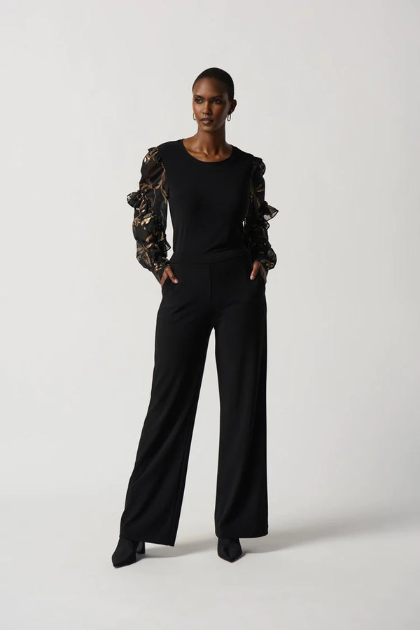 Joseph Ribkoff Silky Knit Top with Printed Chiffon Puff Sleeves Style 234198