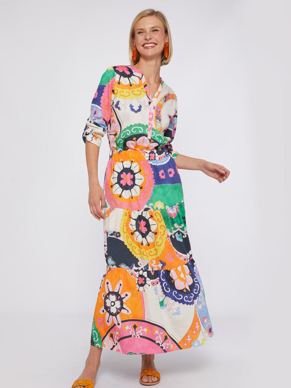 Vilagallo Astrid Suzani Cotton Satin Skirt