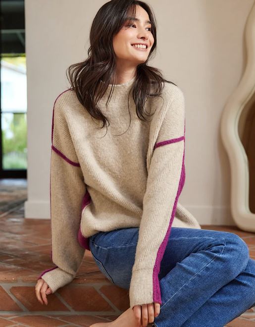 Karen Kane Colorblock Mock Neck Sweater Oatmeal with Orchid