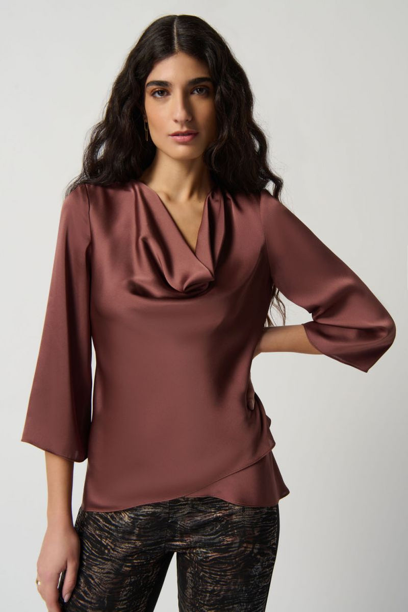 Joseph Ribkoff Toffee Cowl Neckline Satin Flared Top Style 234082