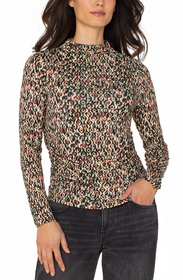 Liverpool Long Sleeve Mock Neck Knit Top W/ Shirring Multi Geo Ikat