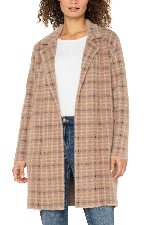 Liverpool Open Front Cardigan Sweater Coat Camel Cream Plaid