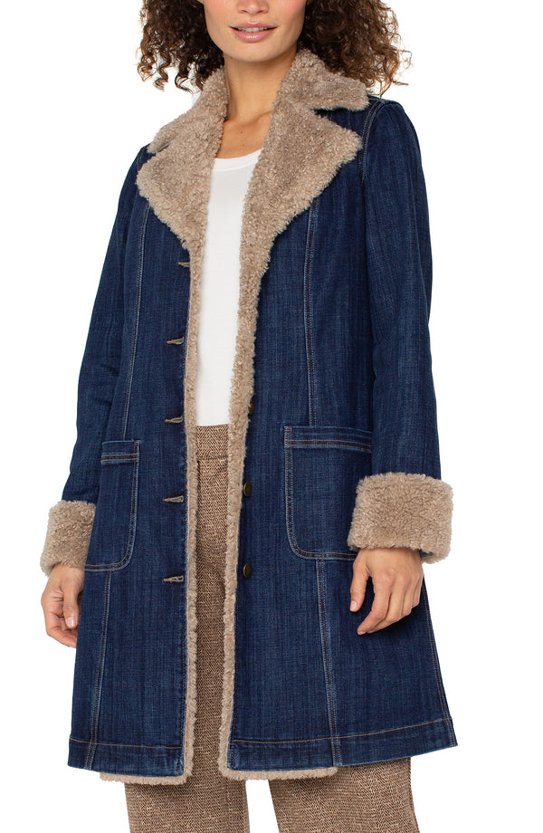 Liverpool Long Sherpa Trimmed Notch Collar Jacket Rinse Wash