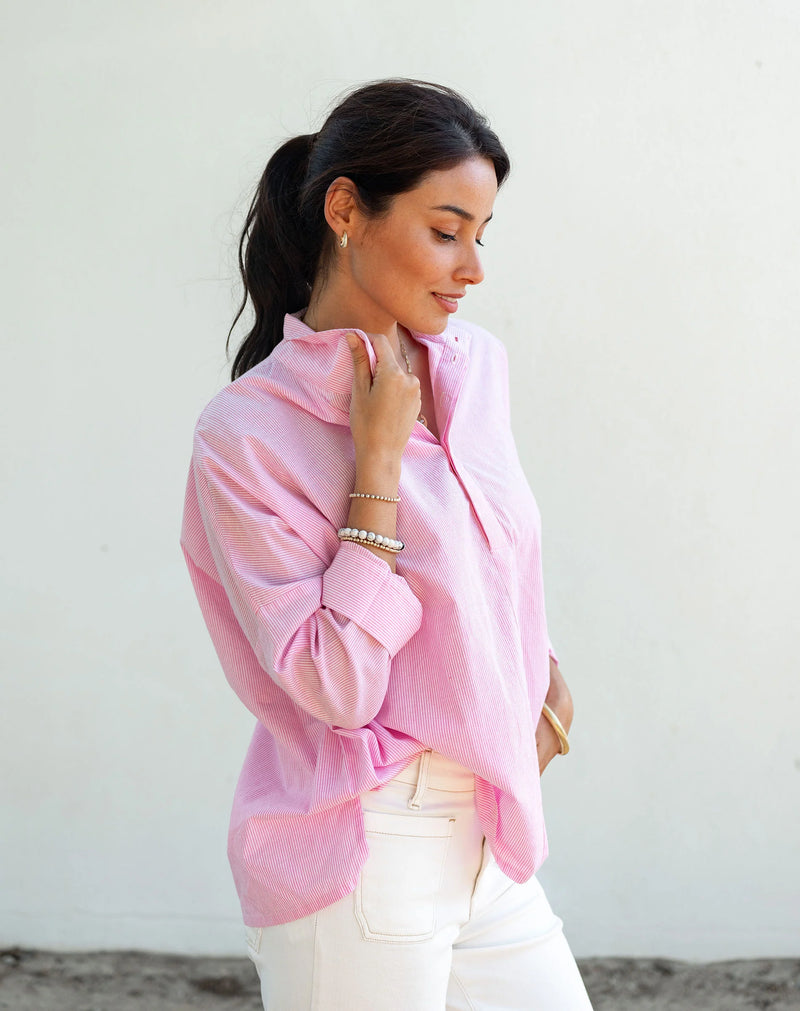 Mersea/Voyager Emerson Pop Up Collar Top Pink Stripe