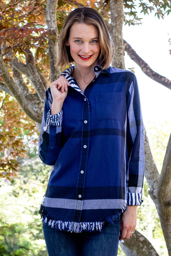 Dizzy Lizzie Sun Valley Tunic in Iconic Indigo & Black Plaid