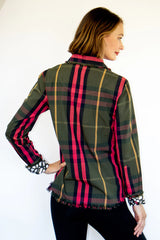 Dizzy Lizzie Cape Cod Fringe Tunic Olive Red Black Yarn Dyed Plaid