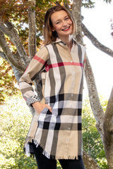 Dizzy Lizzie Tahoe Tunic in Cotton Brushed Panel Plaid Khaki Red and Black