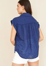 Bella Dahl Short Sleeve Flowy Pocket Button Down Marine Blue