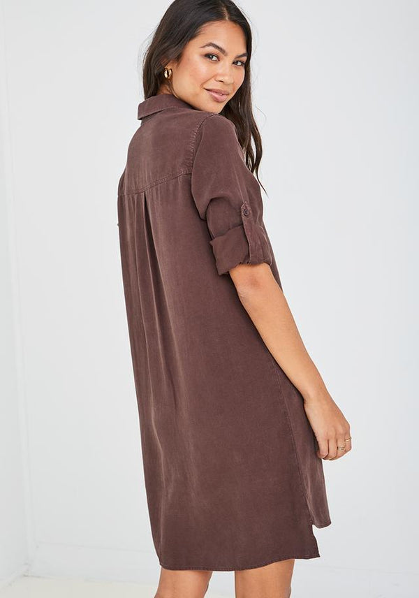 Bella Dahl A-Line Rolled Tab Sleeve Dress - Coffee Bean