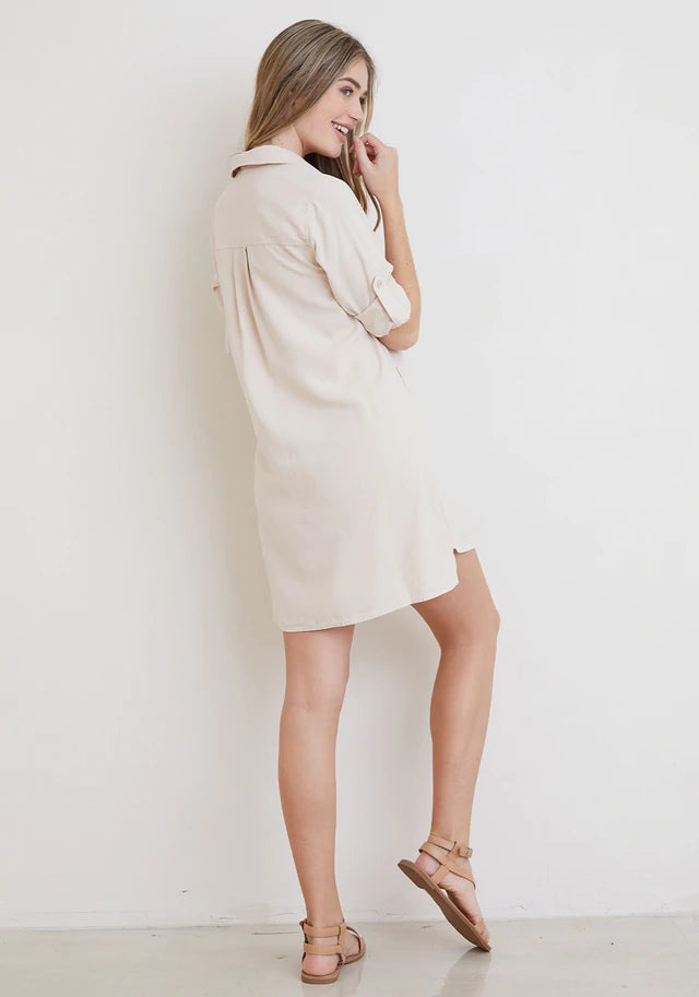 Bella Dahl A-Line Rolled Tab Sleeve Dress - Soft Tan