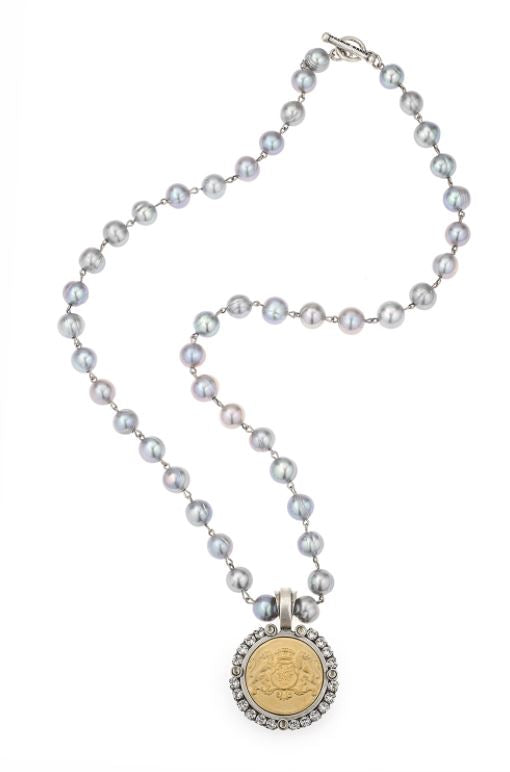 French Kande Silver Pearls With Aime Medallion and Euro Crystal