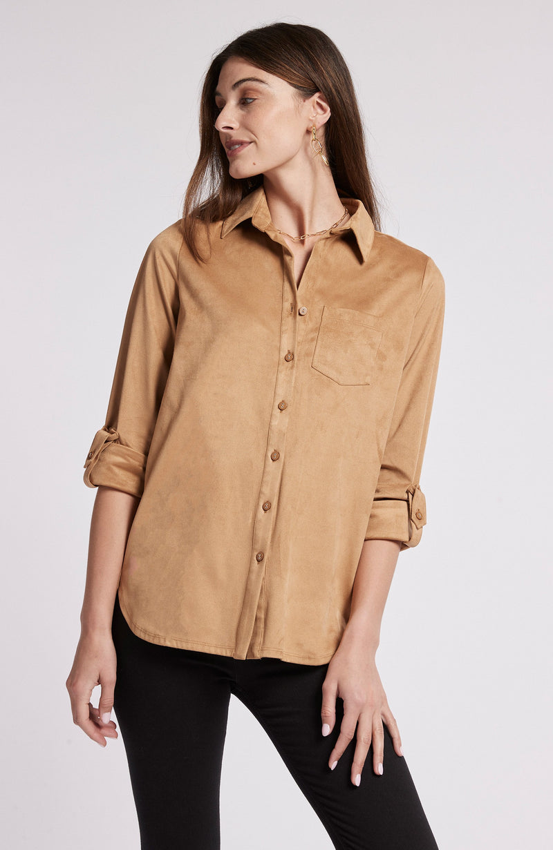 Tyler Boe Faux Suede Roll Sleeve Polo Bronze