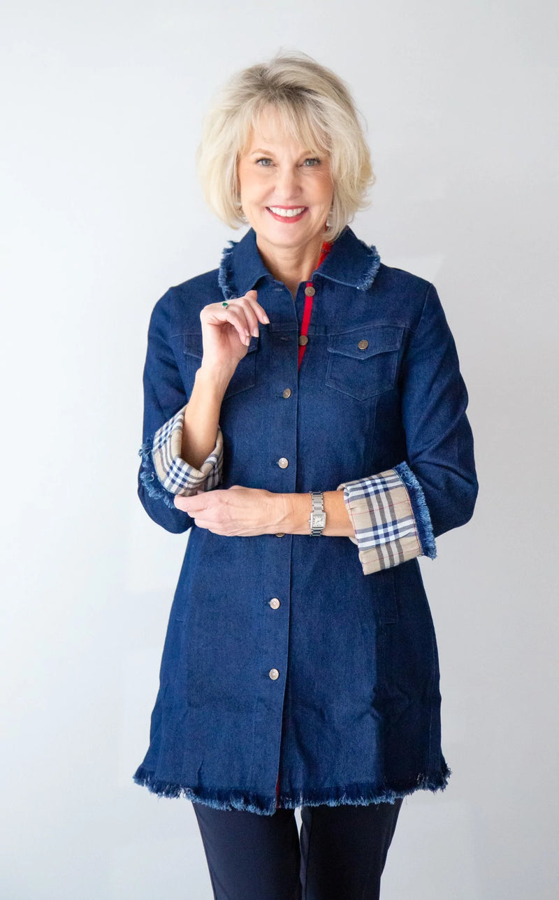 Dizzy Lizzie Park Slope Denim Jacket Fringed With BB Trim S / Denim