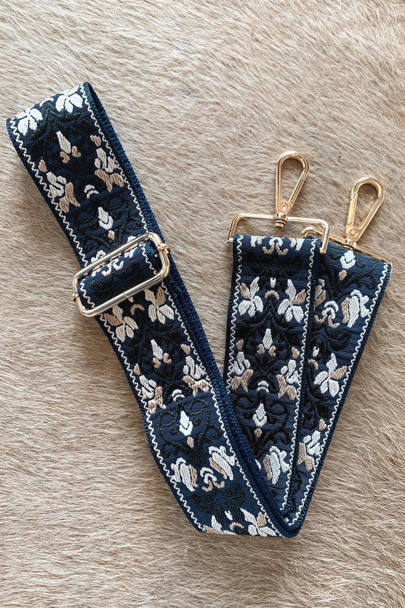 Ahdorned Floral Embroidered Adjustable Strap - Navy/Black with Gold Hardware