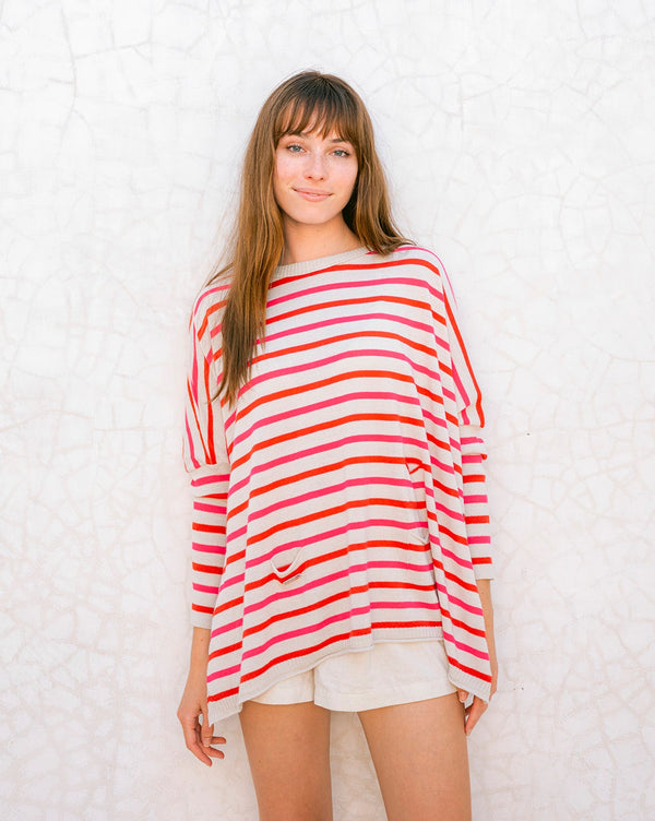Mersea The Catalina Travel Sweater Poppy/Ecru/Bright Pink Stripes