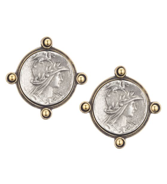 French Kande Silver Mini Ministry Medallion with Brass Orielle Bezel and Gold Cabs Earrings