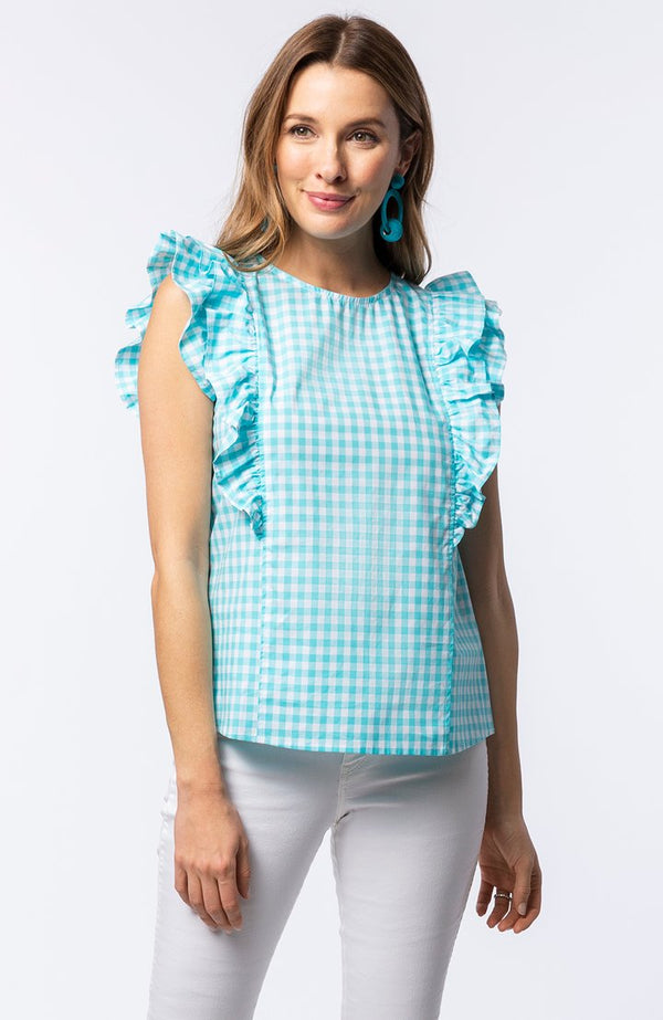 Tyler Boe Nell Gingham Ruffle Top Beach Turquoise