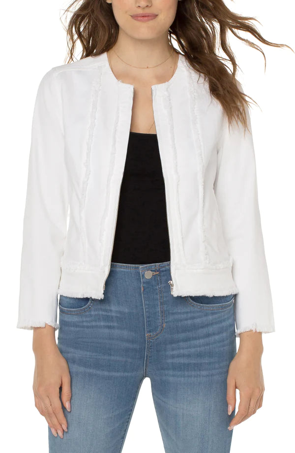 Liverpool Frayed Zip Denim Jacket Bright White