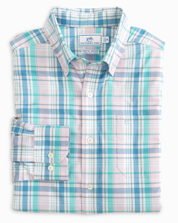 Southern Tide Sky Valley Plaid Coastal Passage Sport Shirt in Orchid Petal
