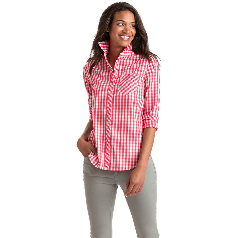 Vineyard Vines Relaxed Seabreeze Gingham Pocket Button-Up Coral Red