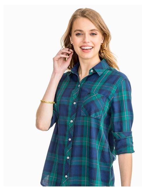 Southern Tide Emery Button Front Blackwatch Plaid Blue Night