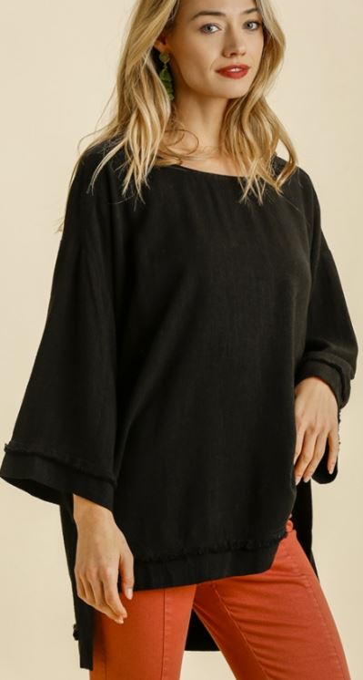 Umgee Linen Blend Long Sleeve Frayed Edged Top Black